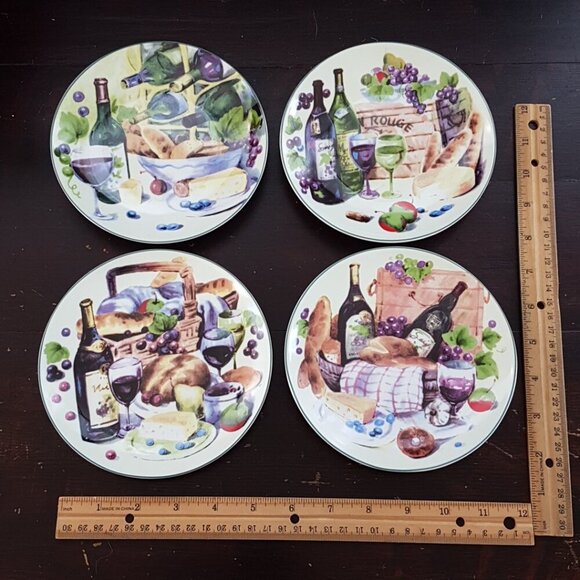 4pc Wine & Cheese Side Plates Set Cocktail Happy Hour Appetizer Charcuterie - Picture 3 of 9